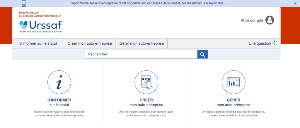 Capture d'écran de la page d'accueil du site de l'URSSAF Auto-entrepreneur