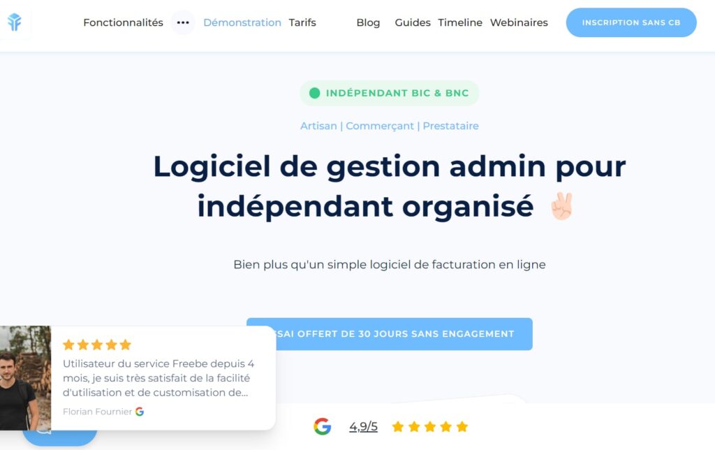 Interface de Freebe, logiciel de facturation pour auto-entrepreneur