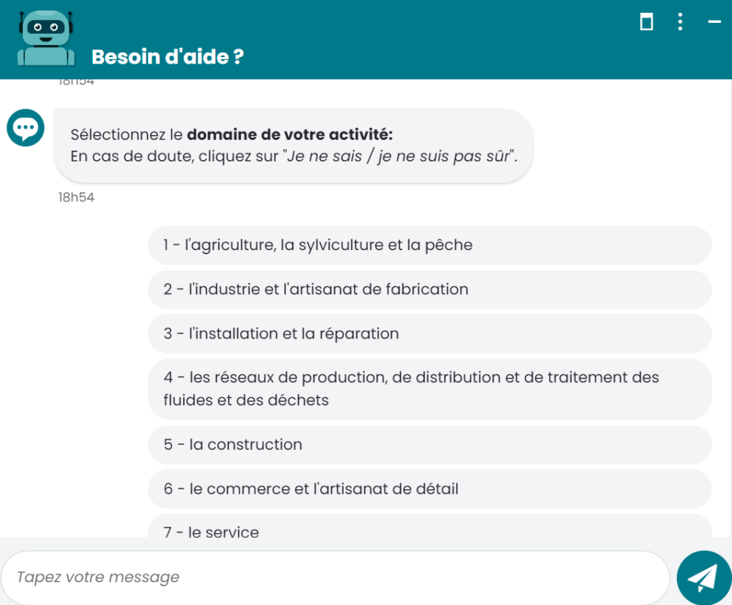 Capture d'écran chatbot Inpi catégorie activité